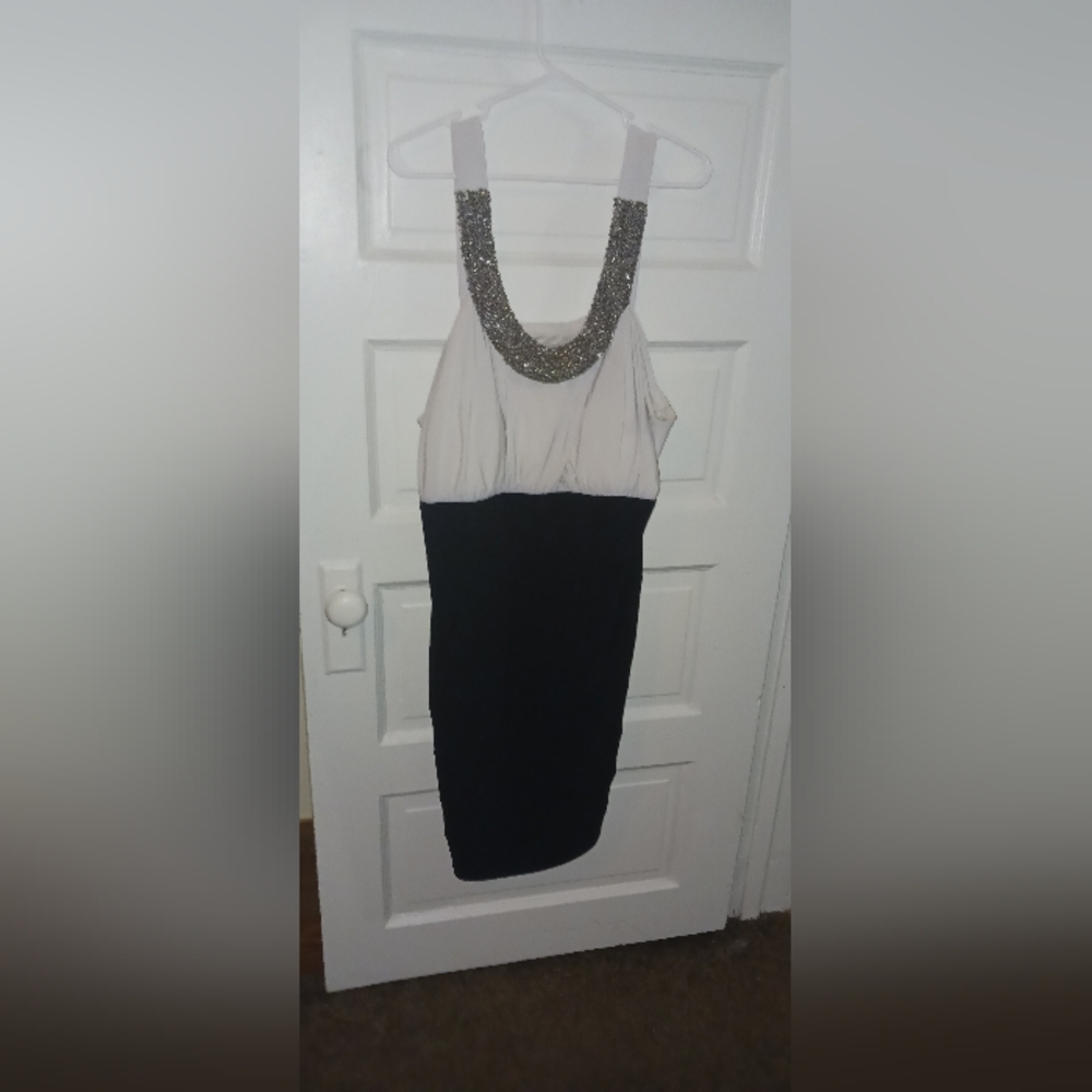Scarlett Black and White Mini Dress with Embellished Neckline 20w.  A-3